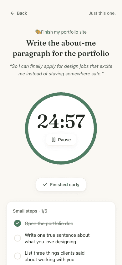 Tide’s Focus screen on a phone: a large shrinking ring timer around 24:58, the task title, and small steps below.