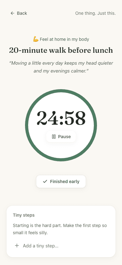 Tide's Focus screen on a phone: a large shrinking ring timer around 24:58, the task title, and tiny steps below.